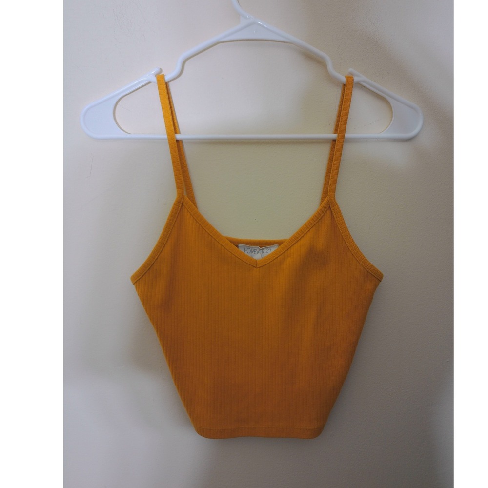 Forever 21 Cami Top Womens Medium Mustard Yellow Ribbed Knit V-Neck Cropped Tank